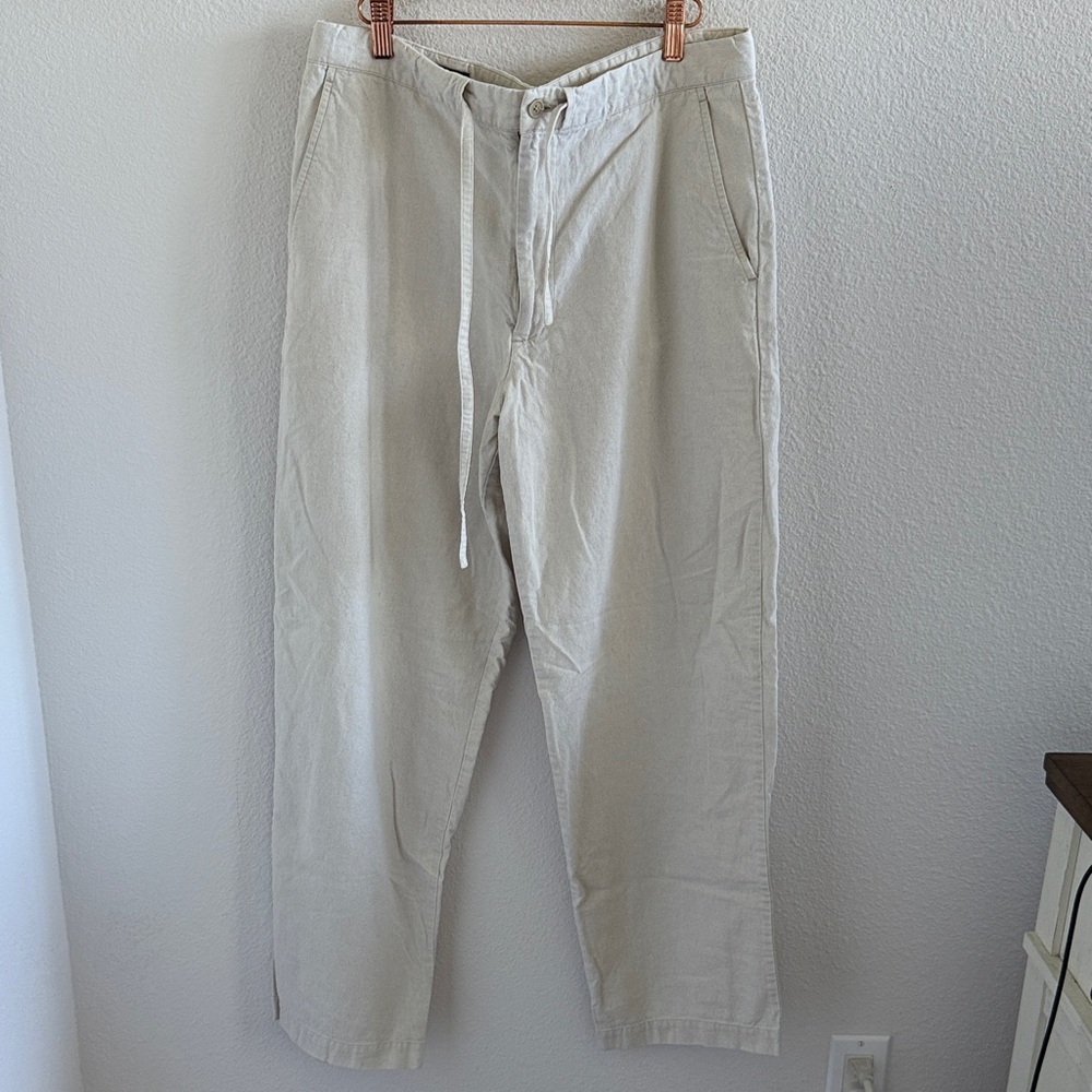Reunion Linen Cotton Cream Pants Straight Leg Zipper + Drawstring Waist Large